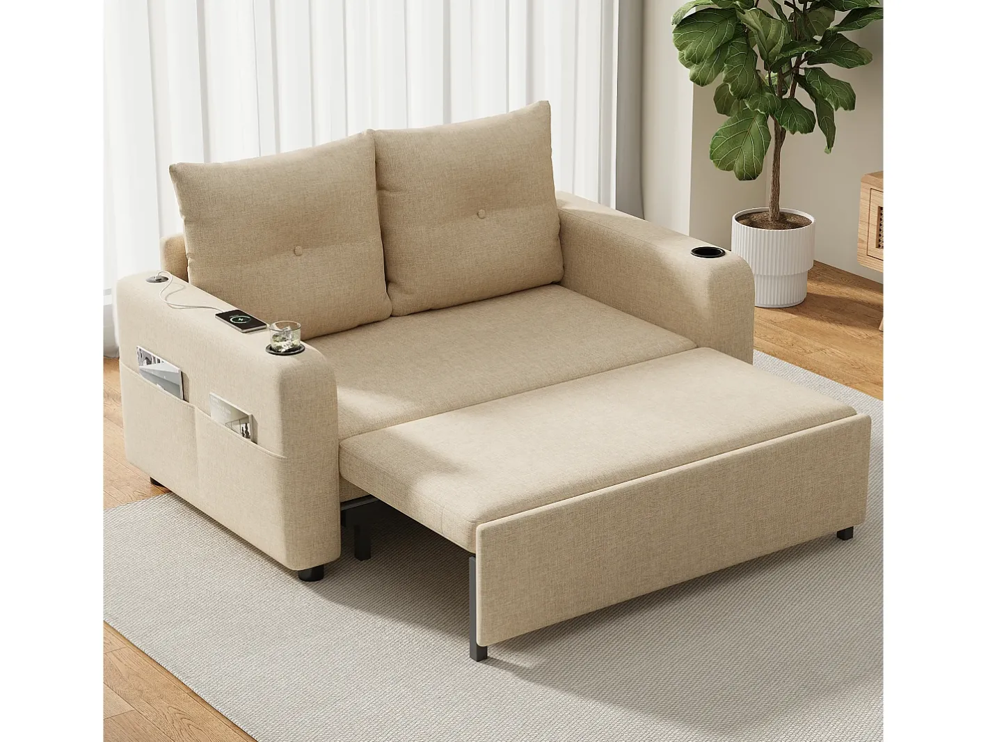 Hot Sofá-cama 2 lugares 3 em 1 - Modelo desdobrável - Porta-copos e bolso lateral - Almofada de encosto - Porta USB - algodão e linho - Sofá