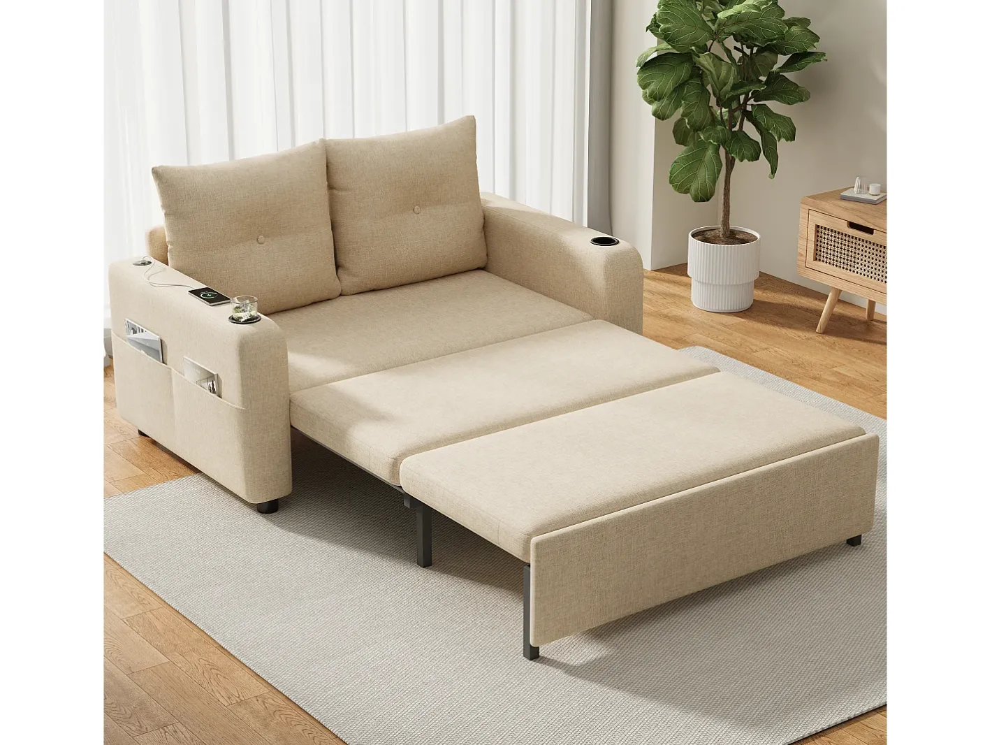 Hot Sofá-cama 2 lugares 3 em 1 - Modelo desdobrável - Porta-copos e bolso lateral - Almofada de encosto - Porta USB - algodão e linho - Sofá