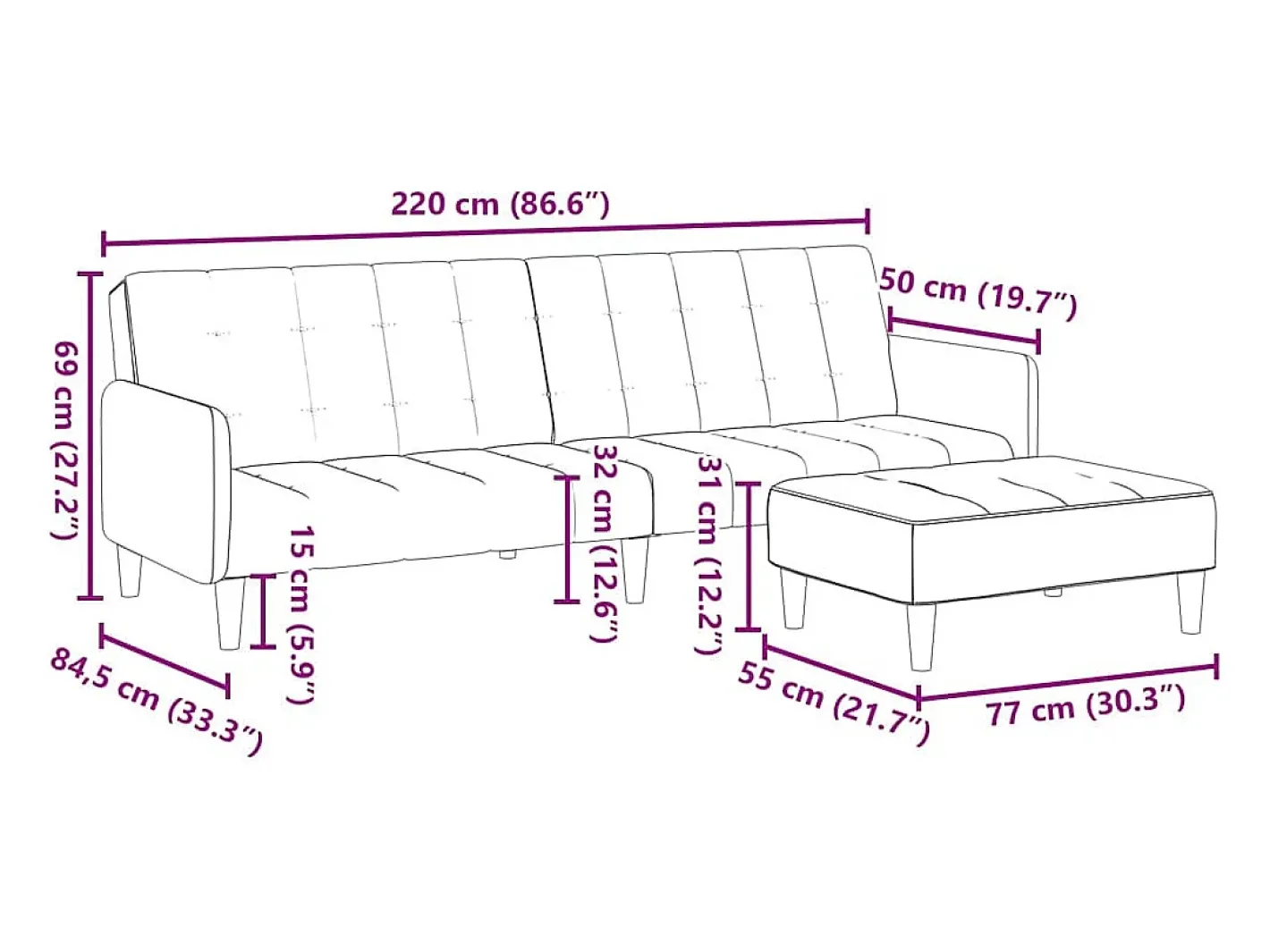 Sofá-cama 2 lugares c/ apoio de pés veludo Sofá