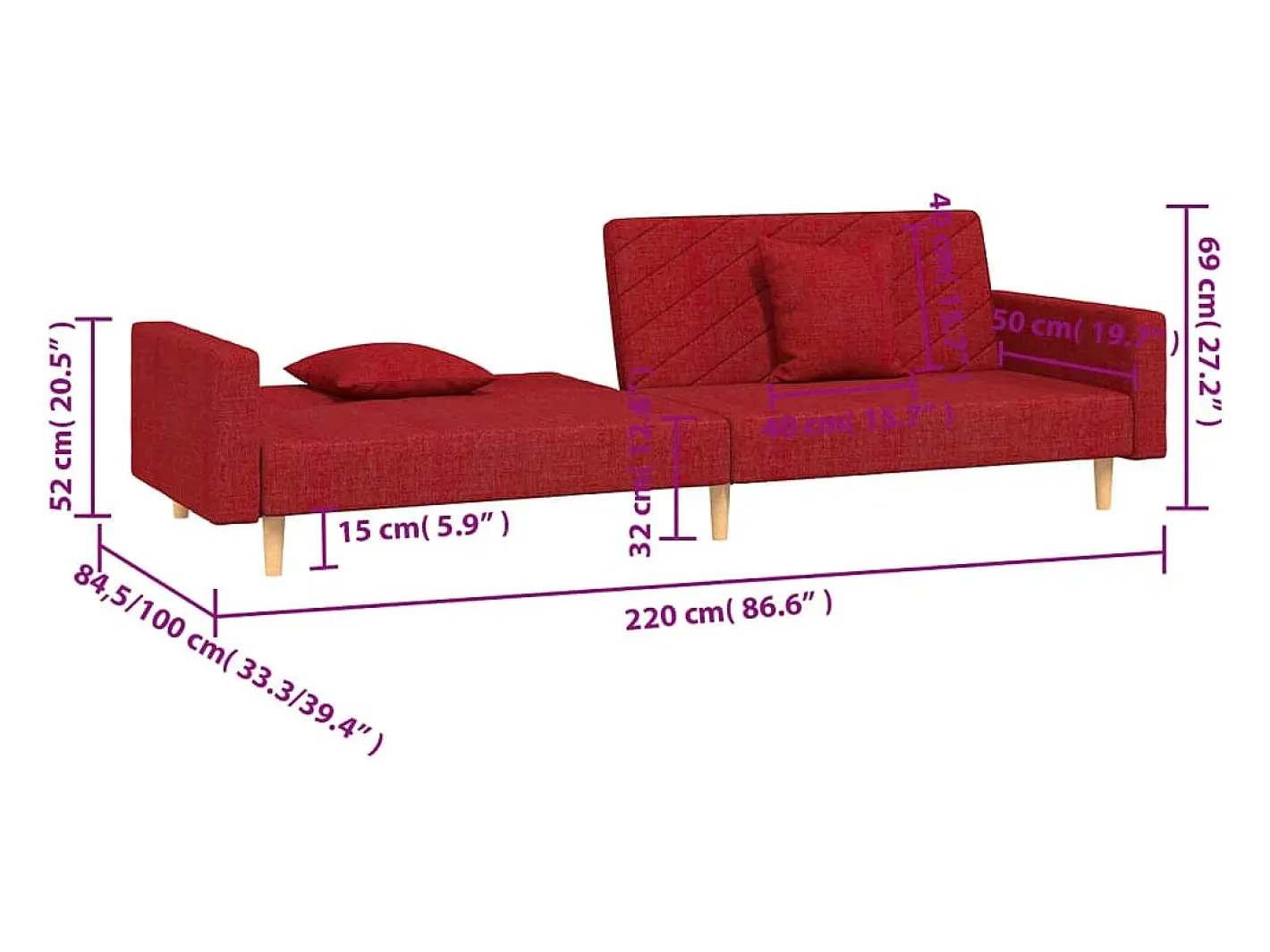 vidaxl Sofá*Sofá-cama 2 lugares com duas almofadas tecido tinto Vermelho