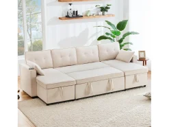 Sofá-cama conversível em U - 270 x 130 x 86 cm - 4 lugares - com porta-copos + armazenamento - algodão + linho -^Merax Sale