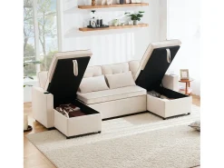 Sofá-cama conversível em U - 270 x 130 x 86 cm - 4 lugares - com porta-copos + armazenamento - algodão + linho -^Merax Sale
