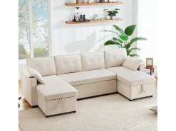 Sofá-cama conversível em U - 270 x 130 x 86 cm - 4 lugares - com porta-copos + armazenamento - algodão + linho -^Merax Sale