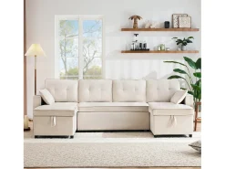 Sofá-cama conversível em U - 270 x 130 x 86 cm - 4 lugares - com porta-copos + armazenamento - algodão + linho -^Merax Sale