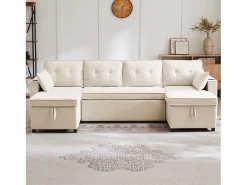 Sofá-cama conversível em U - 270 x 130 x 86 cm - 4 lugares - com porta-copos + armazenamento - algodão + linho -^Merax Sale