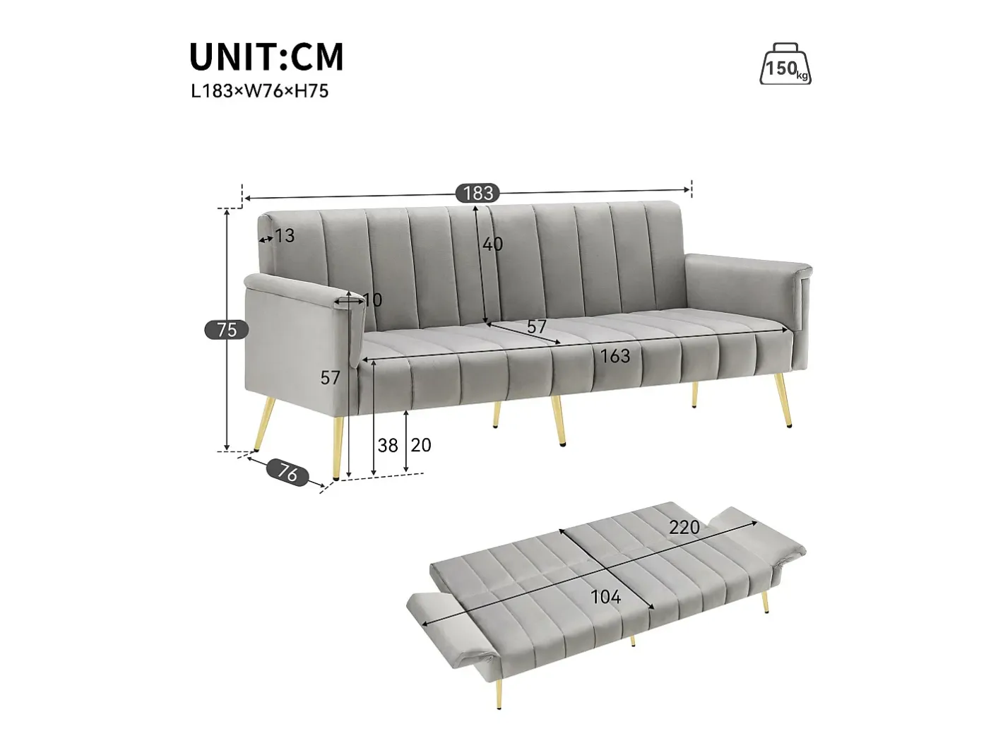 Sofá-cama convertível de 3 lugares em tecido de veludo - Cinza^ModernLuxe Online