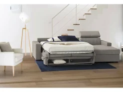 Sofá-cama Daaen, Sofá de canto, 100% Fabricado na Itália, Sofá com abertura giratória, com penínula de armazenamento direita, com braço fino, Cm 260x95h85, Taupe^Talamo Italia New