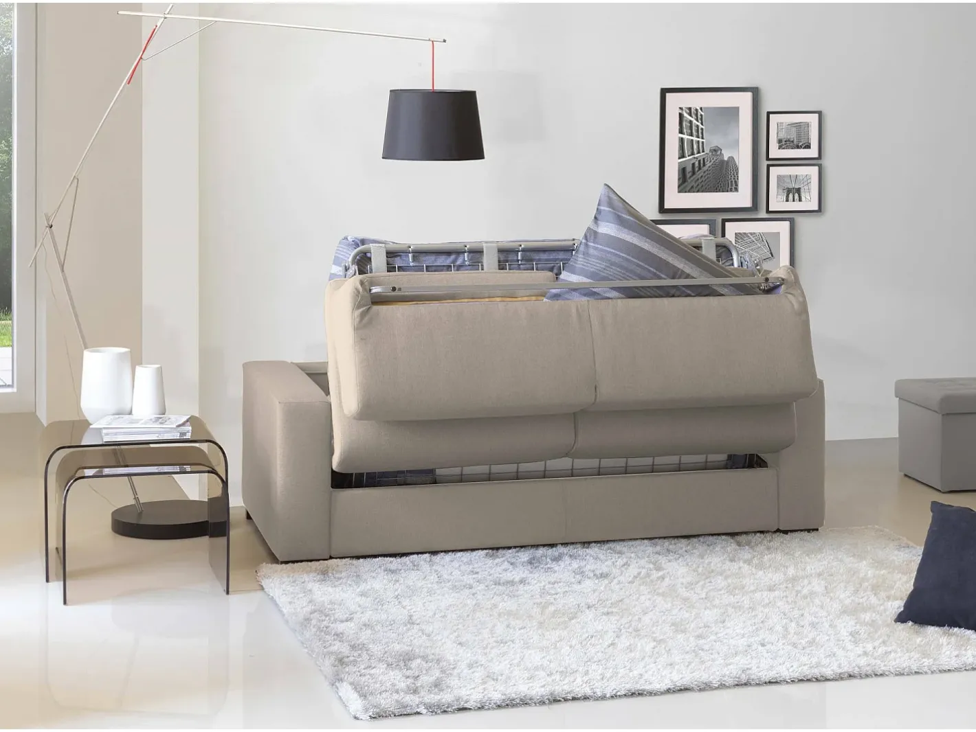 Sofá-cama Dabagn, Sofá grande de 2 lugare, 100% Fabricado na Itália, Sofá da ala com abertura giratória, em tecido acolchoado, com braço padrão, Cm 200x95h90, Taupe*Talamo Italia Online