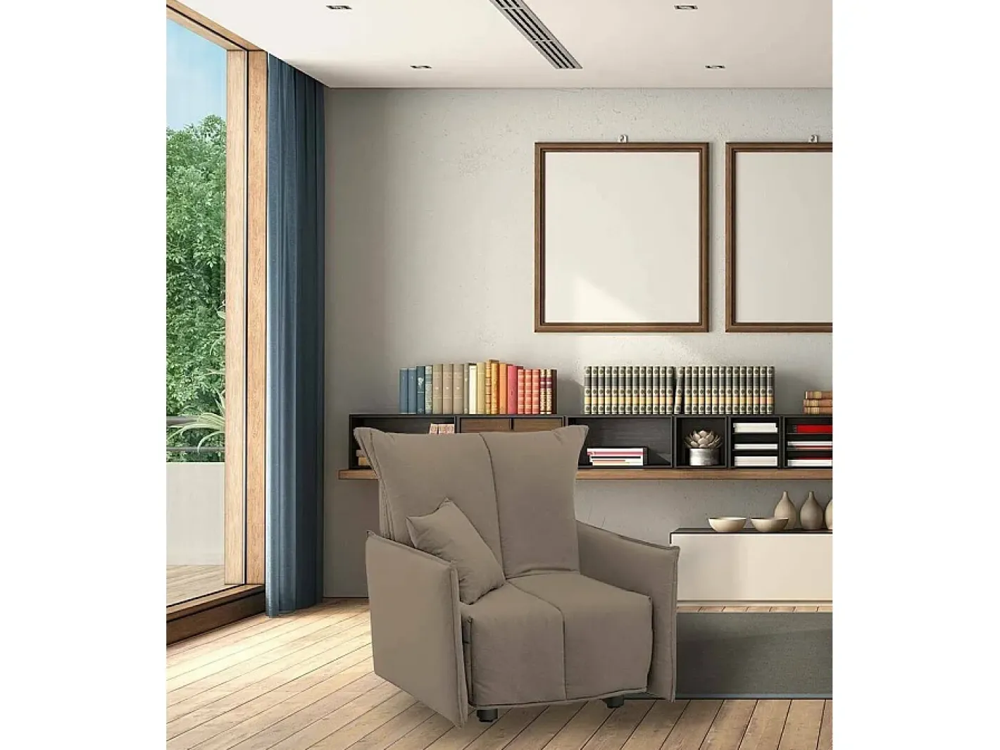 Sofá-cama Dabari, Sofá individual, 100% Fabricado na Itália, Poltrona de ala com abertura para carrinho, em tecido acolchoado, com braço padrão, Cm 110x90h85, Taupe^Talamo Italia Online
