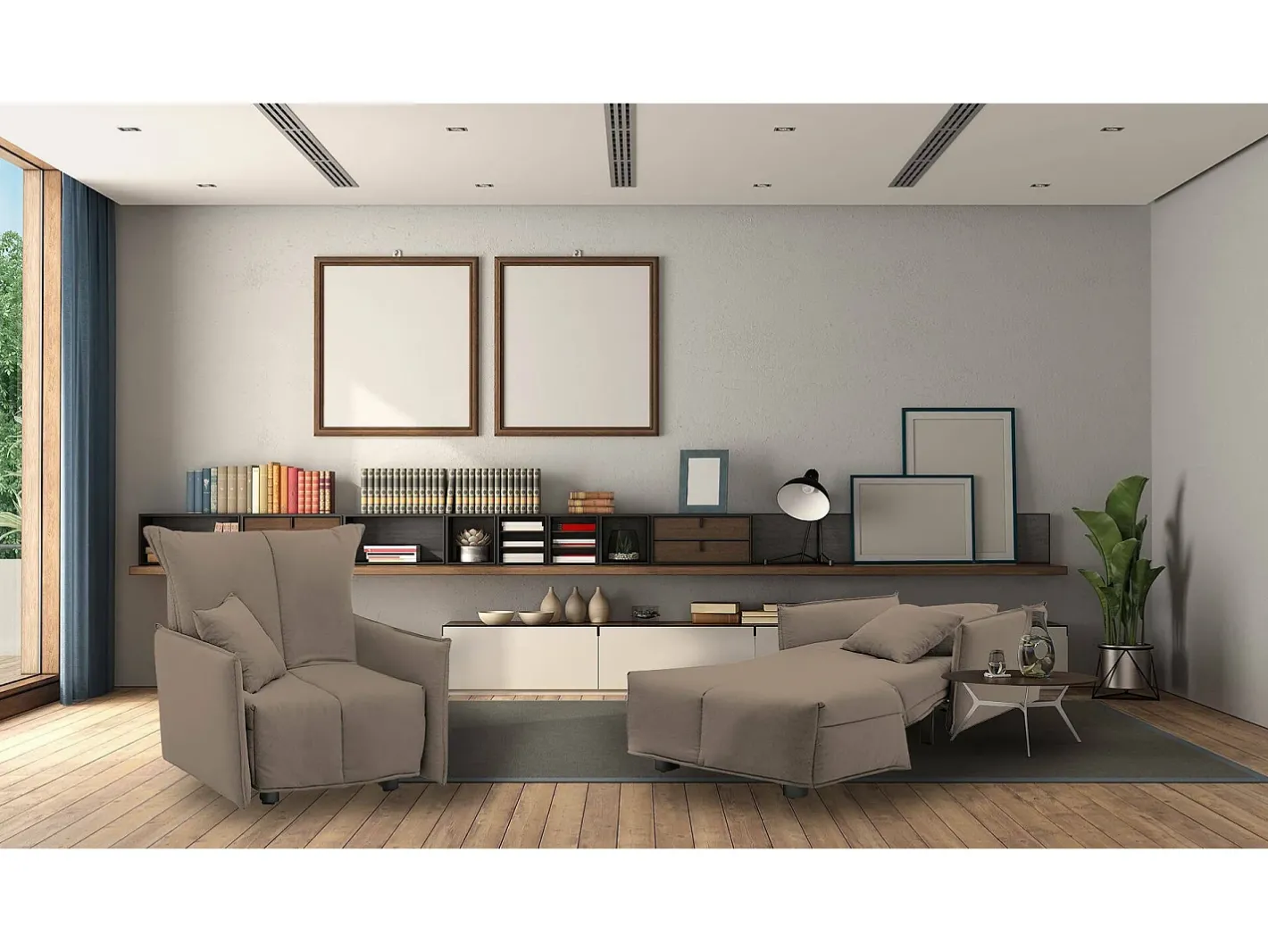 Sofá-cama Dabari, Sofá individual, 100% Fabricado na Itália, Poltrona de ala com abertura para carrinho, em tecido acolchoado, com braço padrão, Cm 110x90h85, Taupe^Talamo Italia Online