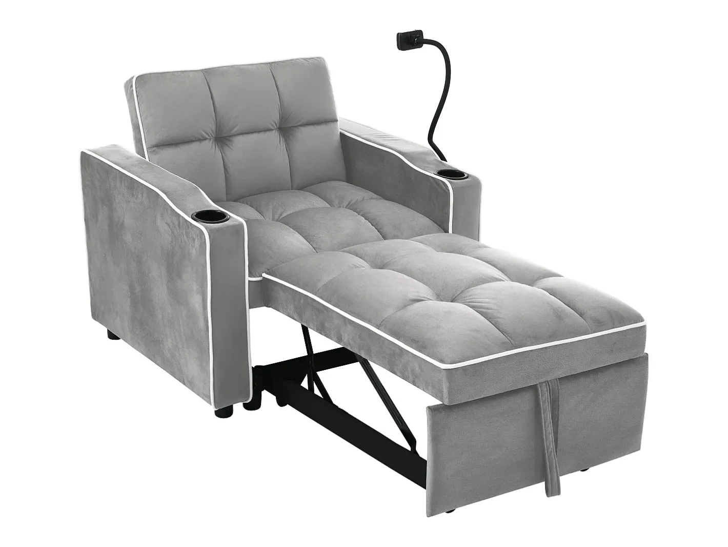 Sofá-cama de 1 lugar com porta-copos e suporte para telefone - 83 x 75 x 167 cm - Veludo - Cinza^Merax Best