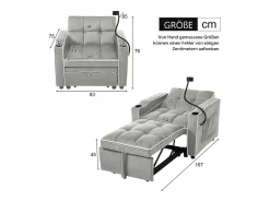 Sofá-cama de 1 lugar com porta-copos e suporte para telefone - 83 x 75 x 167 cm - Veludo - Cinza^Merax Best