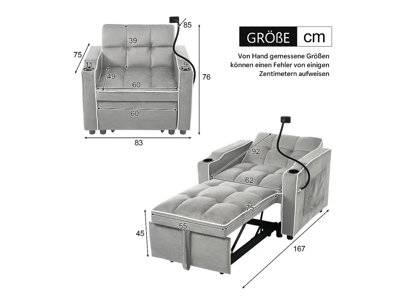 Sofá-cama de 1 lugar com porta-copos e suporte para telefone - 83 x 75 x 167 cm - Veludo - Cinza^Merax Best