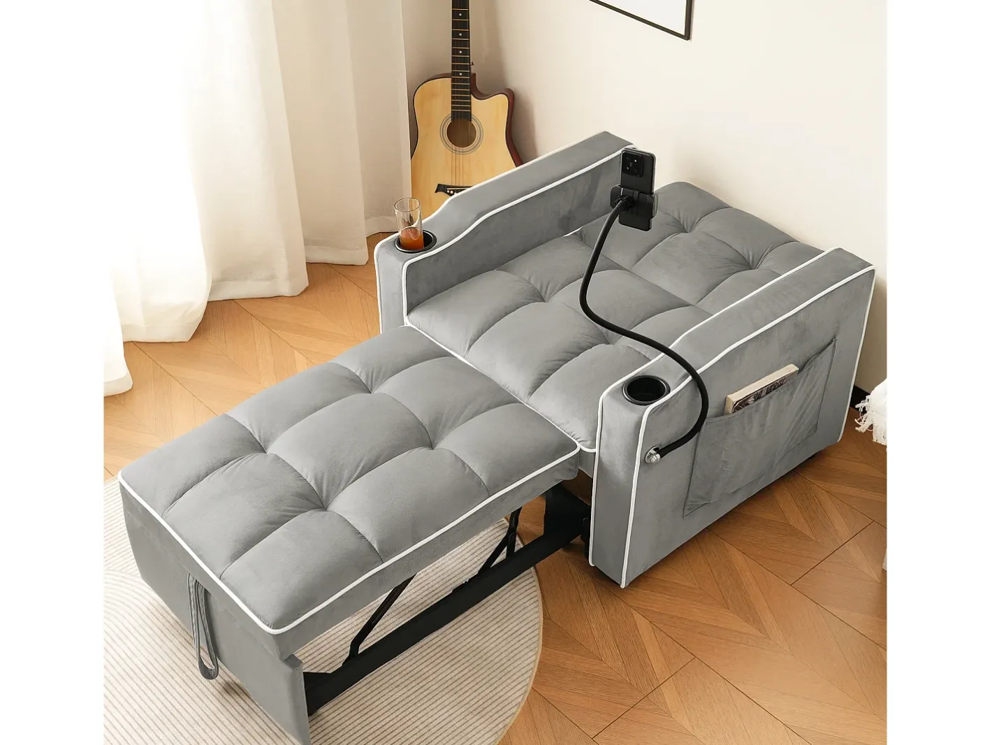 Sofá-cama de 1 lugar com porta-copos e suporte para telefone - 83 x 75 x 167 cm - Veludo - Cinza^Merax Best
