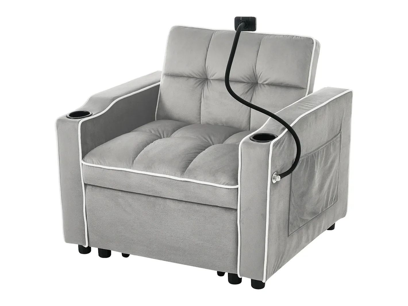 Sofá-cama de 1 lugar com porta-copos e suporte para telefone - 83 x 75 x 167 cm - Veludo - Cinza^Merax Best