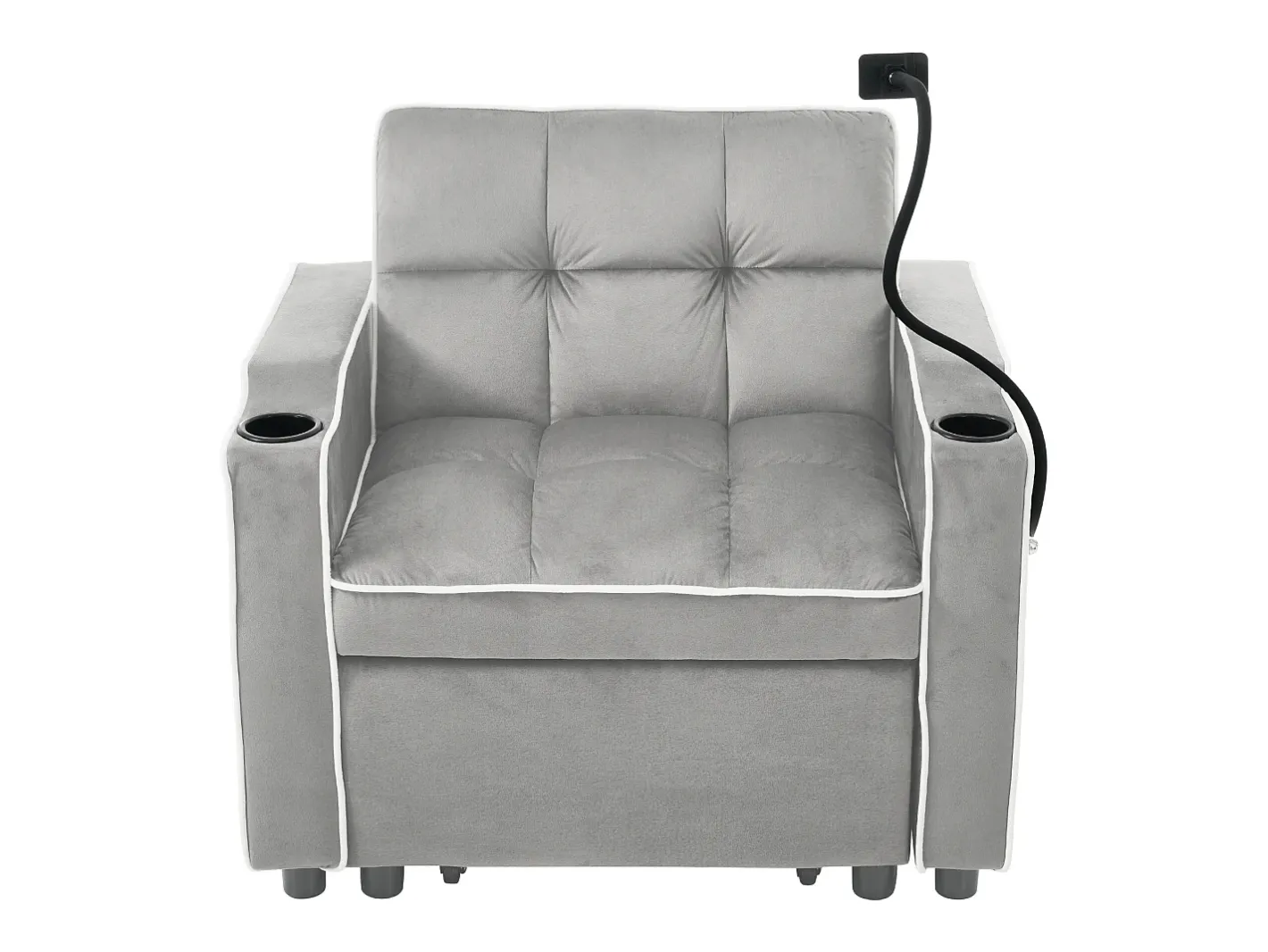 Sofá-cama de 1 lugar com porta-copos e suporte para telefone - 83 x 75 x 167 cm - Veludo - Cinza^Merax Best