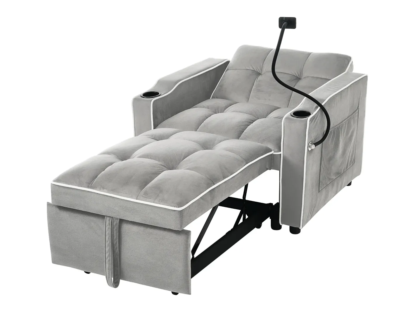 Sofá-cama de 1 lugar com porta-copos e suporte para telefone - 83 x 75 x 167 cm - Veludo - Cinza^Merax Best