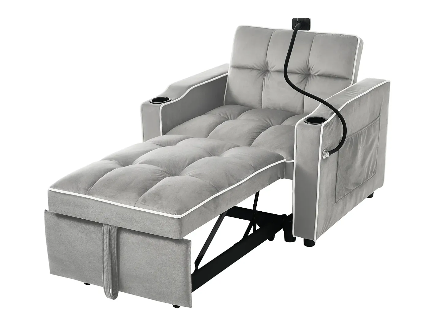 Sofá-cama de 1 lugar com porta-copos e suporte para telefone - 83 x 75 x 167 cm - Veludo - Cinza^Merax Best