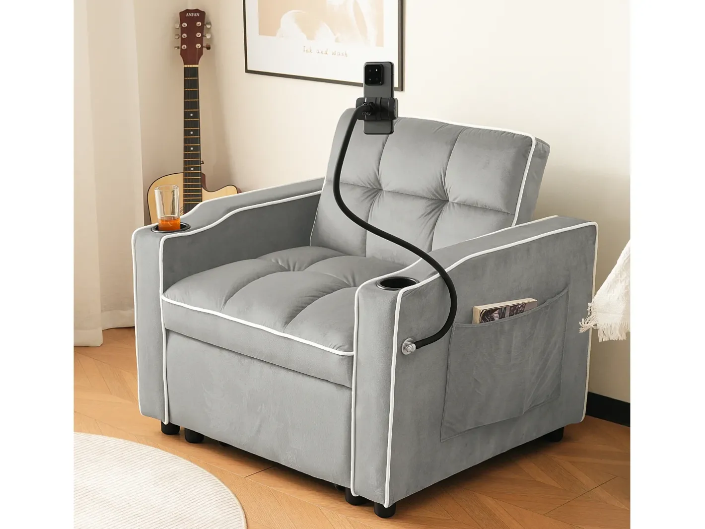 Sofá-cama de 1 lugar com porta-copos e suporte para telefone - 83 x 75 x 167 cm - Veludo - Cinza^Merax Best