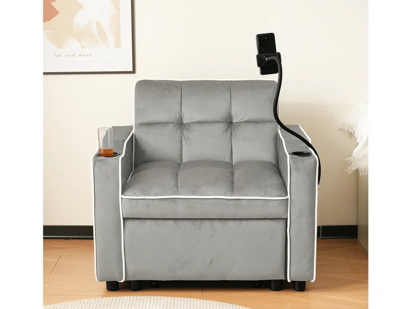 Sofá-cama de 1 lugar com porta-copos e suporte para telefone - 83 x 75 x 167 cm - Veludo - Cinza^Merax Best