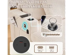 Sofá-cama de 3 lugares - 142 x 128 x 85 cm - com porta-copos + portas USB + LEDs - veludo -^Merax Outlet