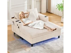 Sofá-cama de 3 lugares - 142 x 128 x 85 cm - com porta-copos + portas USB + LEDs - veludo -^Merax Outlet