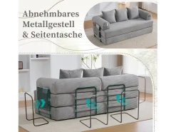 Sofá-cama de 3 lugares - 200 x 94 x 67 cm - com bolsos laterais + 3 almofadas - veludo - cinza claro^Merax Sale