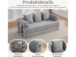 Sofá-cama de 3 lugares - 200 x 94 x 67 cm - com bolsos laterais + 3 almofadas - veludo - cinza claro^Merax Sale