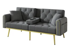 Sofá-cama de 2 lugares - 175 x 80 x 73,5 cm - 3 posições reclináveis e com porta-copos - veludo - cinza*Merax Best