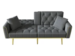 Sofá-cama de 2 lugares - 175 x 80 x 73,5 cm - 3 posições reclináveis e com porta-copos - veludo - cinza*Merax Best