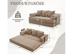 Sofá-cama de 3 lugares - 200 x 94 x 67 cm - com bolsos laterais + 3 almofadas - veludo - cáqui*Merax Discount