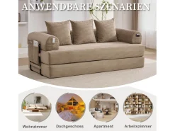 Sofá-cama de 3 lugares - 200 x 94 x 67 cm - com bolsos laterais + 3 almofadas - veludo - cáqui*Merax Discount