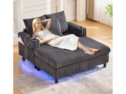 Sofá-cama de 3 lugares - 142 x 128 x 85 cm - com porta-copos + portas USB + LEDs - veludo - cinza escuro*Merax Sale