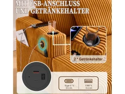 Sofá-cama de 3 lugares - 142 x 128 x 85 cm - com porta-copos + portas USB + LEDs - veludo -*Merax Online
