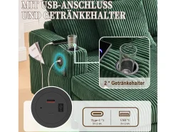 Sofá-cama de 3 lugares - 142 x 128 x 85 cm - com porta-copos + portas USB + LEDs - veludo -^Merax Online
