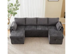 Sofá-cama de 4 lugares - 272 x 131 x 84 cm - com porta-copos + espaço de armazenamento + almofadas - veludo - cinza^Merax Hot
