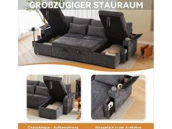 Sofá-cama de 4 lugares - 272 x 131 x 84 cm - com porta-copos + espaço de armazenamento + almofadas - veludo - cinza^Merax Hot