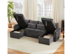 Sofá-cama de 4 lugares - 272 x 131 x 84 cm - com porta-copos + espaço de armazenamento + almofadas - veludo - cinza^Merax Hot
