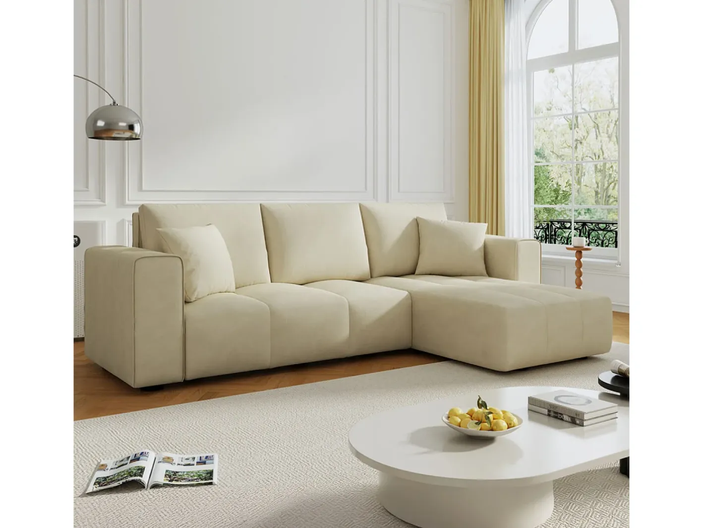 Sofá-cama de canto conversível de 4 lugares em veludo BRIGHTON com baú - Estilo contemporâneo, estrutura em madeira maciça^Concept-Usine Outlet