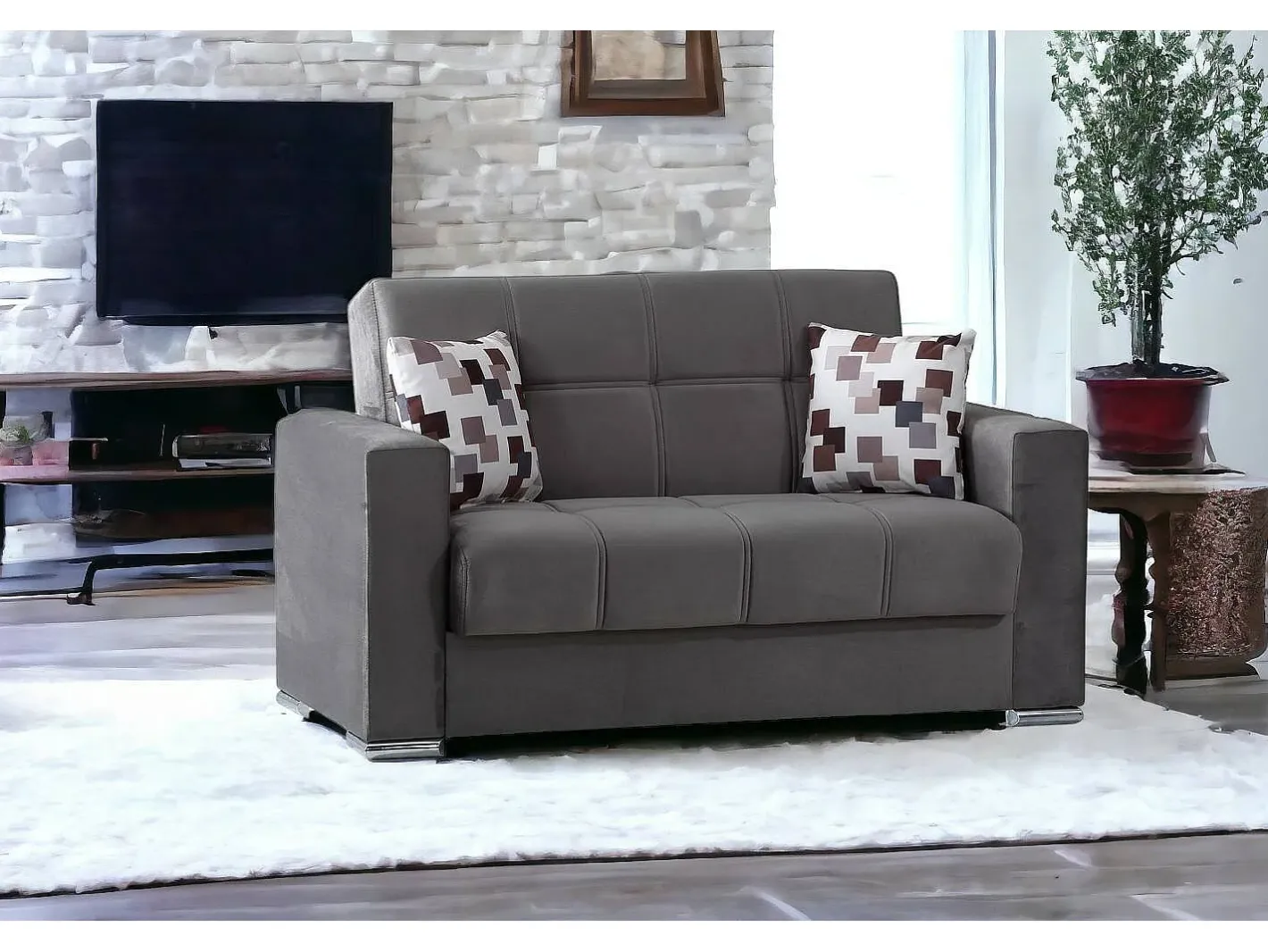 Sofá-cama Dgosen, sofá-cama contêiner linear de 2 lugares, Sofá da sala em tecido acolchoado com abertura click-clack, 160x85h91 cm, Cinza*Dmora New
