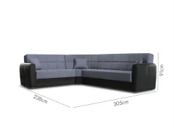Sofá-cama Dgytkjæ, Sofá-cama de canto em couro ecológico e tecido, Sofá da sala com abertura click-clack e península reversível, 305x238h91 cm, Preto e Cinza Sofá