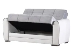 Sofá-cama Dlobuon, Sofá-cama container de canto em couro ecológico e tecido, Sofá da ala com abertura click-clack e penínula reverível, 163x84h91 cm, e Cinza^Dmora Online