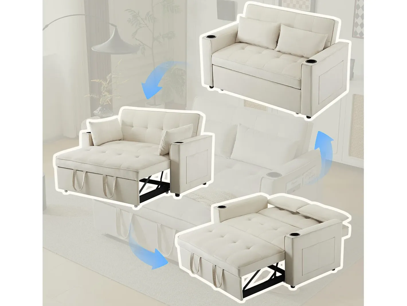 Sofá-cama dobrável ajustável multiângulo - 2 lugares - Tecido de veludo - com suporte para copos e almofadas -^ModernLuxe Outlet