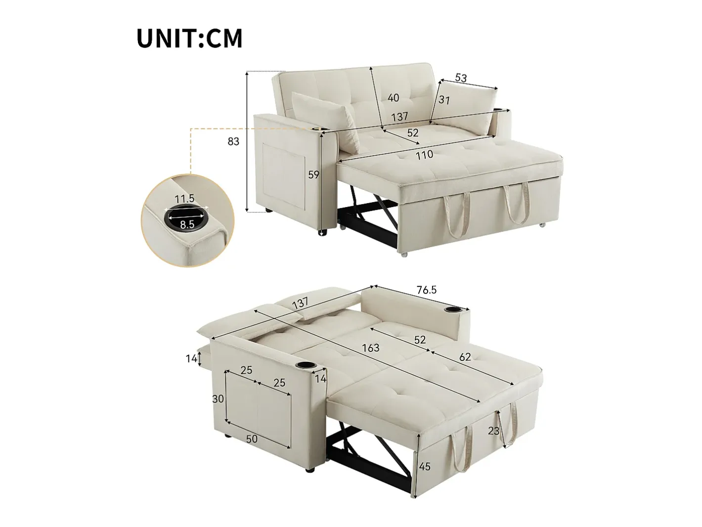 Sofá-cama dobrável ajustável multiângulo - 2 lugares - Tecido de veludo - com suporte para copos e almofadas -^ModernLuxe Outlet