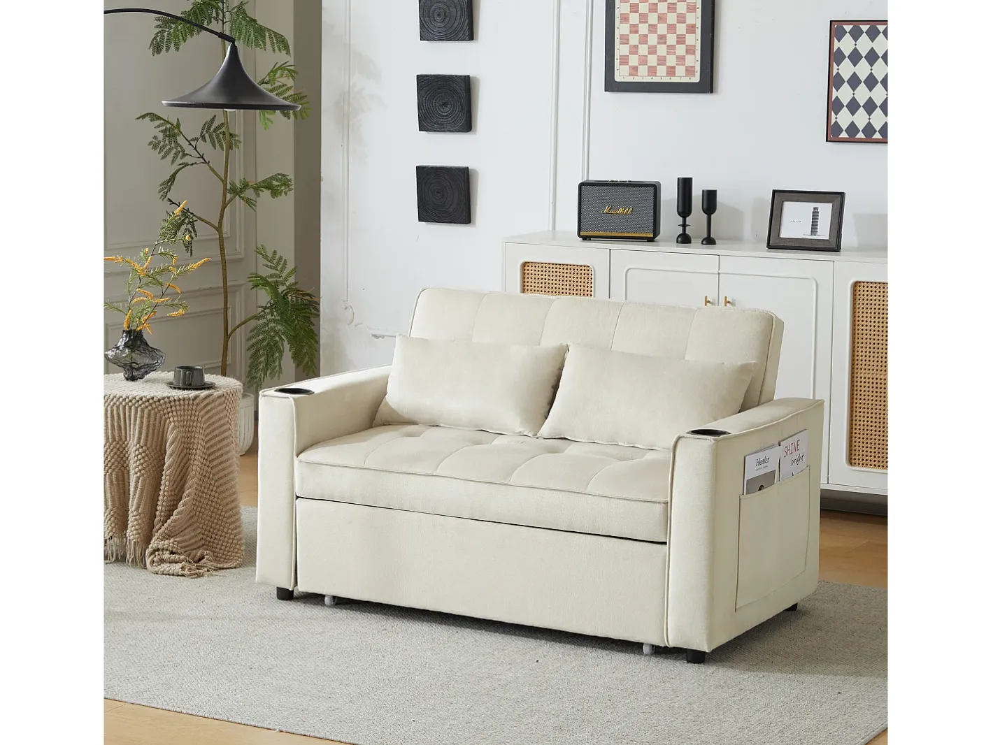 Sofá-cama dobrável ajustável multiângulo - 2 lugares - Tecido de veludo - com suporte para copos e almofadas -^ModernLuxe Outlet