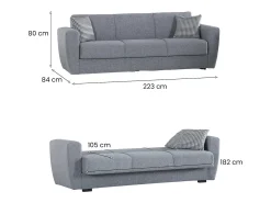 Sofá-cama Escobar, sofá-cama contêiner linear de 3 lugares, Sofá da sala em tecido acolchoado com abertura click-clack, 223x84xh80 cm, Cinza^Dmora Outlet