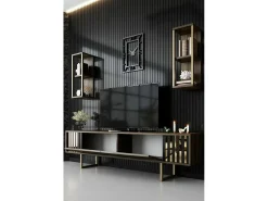 Suporte de TV Dliveran, Aparador de sala, Armário de TV baixo, Base de parede equipada, 180x30h48 cm, Nogueira e Preto^Dmora Sale