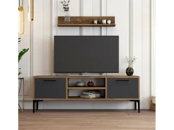 Suporte de TV Dpiston, Aparador de sala, Armário baixo peR TV, Base de parede equipada, 140x30h48 cm, Noz e Antracite Móvel De Tv