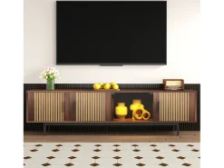 Suporte de TV, móvel baixo com textura esculpida, suporte de TV com barra de luz LED e porta de vidro temperado.^Merax New