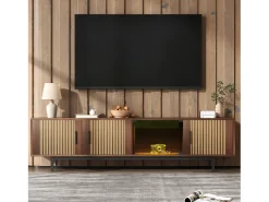 Suporte de TV, móvel baixo com textura esculpida, suporte de TV com barra de luz LED e porta de vidro temperado.^Merax New